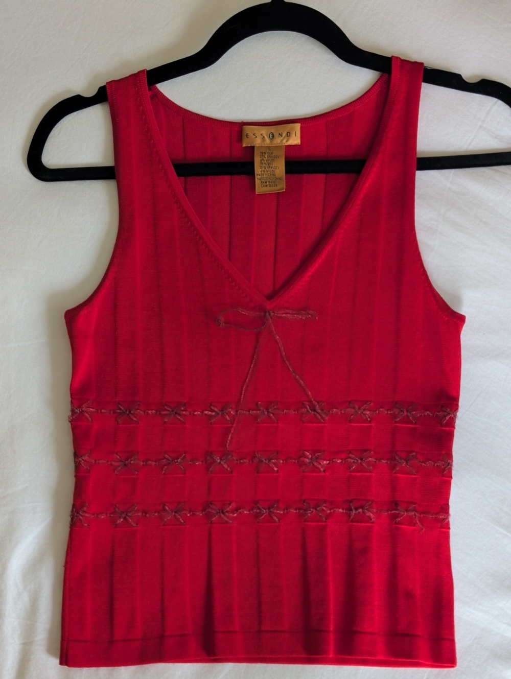 Red V-Neck Ribbed Tank with Decorative Bow